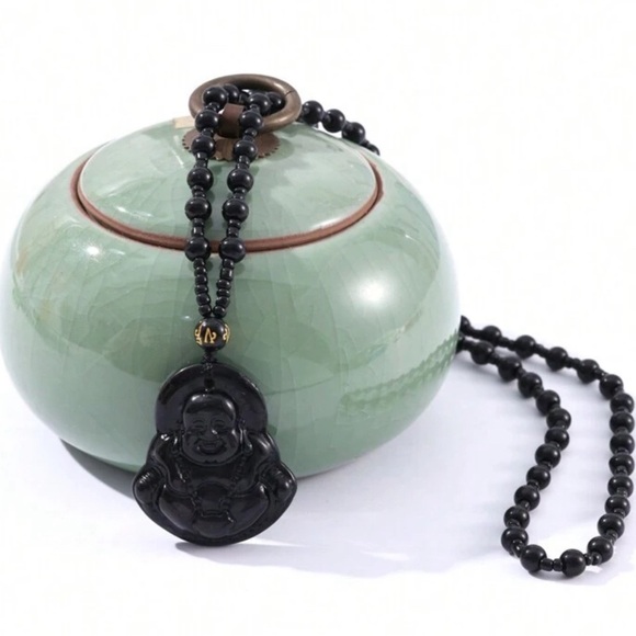 JADE obsidian Black Hand Carved Maitreya Buddah Pendant Necklace - Picture 1 of 9